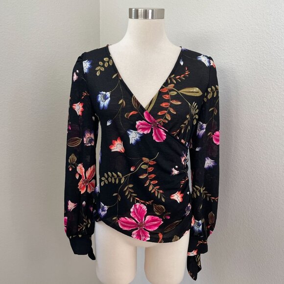 NEW $49 Express Womens Small Floral Surplice Top Blouse Long Sleeve Shirt - Picture 1 of 10